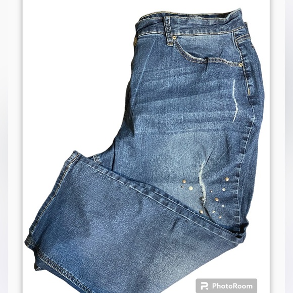 Love Indigo Pants - Love indigo lightly distressed, embellished, capris, size 24 plus